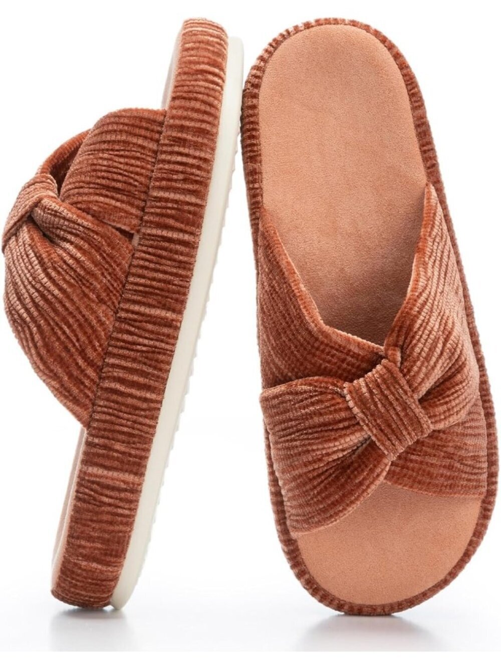 Women's Orange Memory Foam House Corduroy Bow Crossbands Comfy Slipper Shoes